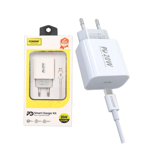 Foneng Fast Charger Adaptor EU23 PD with Type C to Lightning Cable 20W White